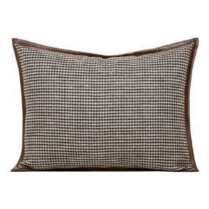 Brown Beige Houndstooth Pillow Cover with Leather Trim