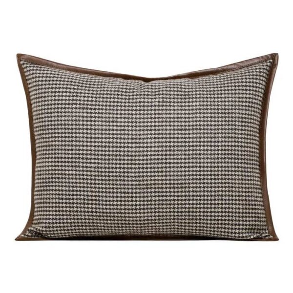 Brown Beige Houndstooth Pillow Cover with Leather Trim